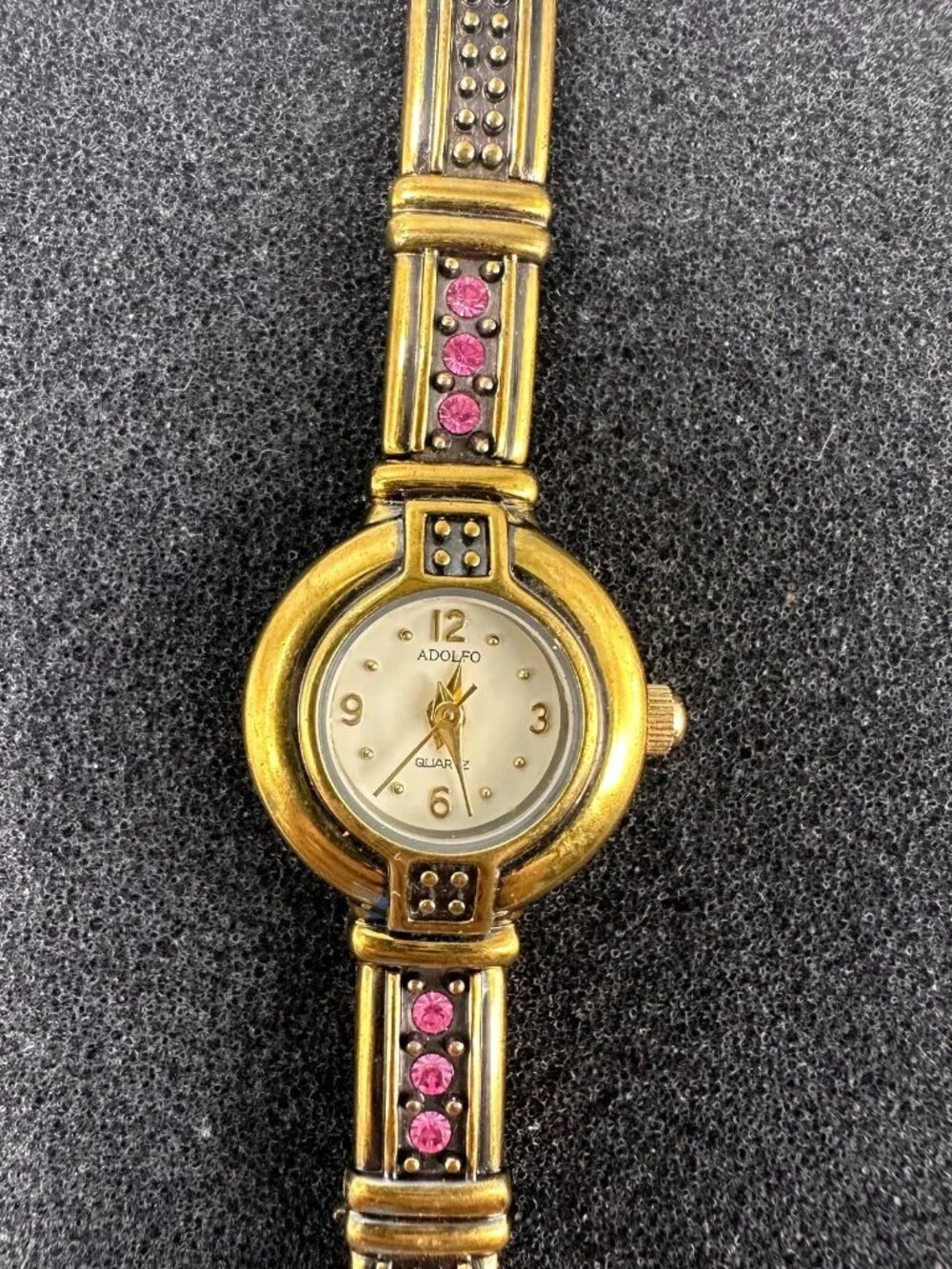 Adolfo Watch Women Gold Tone Pink Rhinestone Accents Small Dial New Battery 7.5